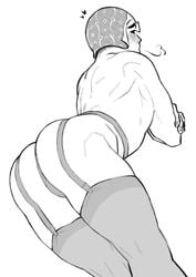 1boy ass big_butt blush crossed_arms garter_belt guido_mista heart jojo's_bizarre_adventure lingerie male male_only monochrome muscular muscular_male solo solo_male stockings vento_aureo voreggy