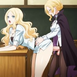 1futa 1girls ai_generated anal_penetration assassination_classroom bent_over_desk big_breasts big_penis blonde_hair blue_eyes cape classroom cleavage crossover futa_on_female futanari futos9669 glynda_goodwitch green_eyes irina_jelavic motion_lines pantyhose request rwby sex_from_behind sexual_intercourse side_view
