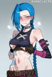 ai_generated arm_tattoo armpits asymmetrical_bangs bare_shoulders belt biting_own_lip blue_hair blush braid breasts brown_belt brown_gloves character_name choker clothing collarbone crop_top detached_sleeves female fingerless_gloves gloves grabbing_own_breast gradient_background grey_background groin jinx_(league_of_legends) league_of_legends long_hair looking_at_viewer medium_breasts midriff nail_polish navel nyanclaire oerba_yun_fang pants pink_eyes pink_nails pink_pants shoulder_tattoo simple_background solo steaming_body stomach stomach_tattoo sweat tattoo teeth twin_braids twintails very_long_hair