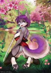 2016 anthro ass canine clothing dress female flower garter_belt garter_straps hair iskra jess_(teckly) katana kneeling legwear licking licking_lips looking_at_viewer looking_back mammal melee_weapon nipples outside pawpads plant purple_eyes purple_hair purple_nipples pussy rear_view short_hair solo stockings sword thigh_highs tongue tongue_out weapon wolf