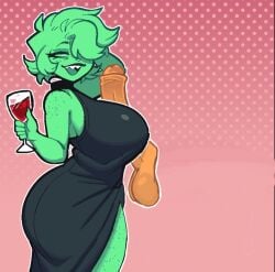 big_breasts big_penis big_thighs biro_(inkplasm) black_dress brother brother_and_sister edit edited floating_penis green_body green_eyes green_hair incest inka_(inkplasm) inkplasm pink_background pose sharp_teeth sister welwraith yellow_skin