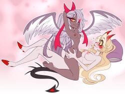 angel big_breasts blonde_hair blush breasts canon_couple charlie_morningstar_(hazbin_hotel) couple couple_(romantic) deerlydepart demon duo eye_patch female female/female female_only grey_body hair hazbin_hotel horns interspecies lesbian lesbian_couple lesbian_sex nipples nude pubes romantic_couple simple_background smile tail thick_thighs vaggie_(hazbin_hotel) white_hair wings yuri