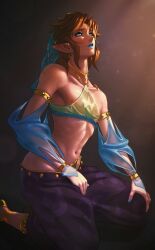 1boy 2025 2d 2d_(artwork) alluring artist_request blonde-haired_male blonde_hair blue_eyes blue_lipstick blue_nail_polish blue_nails clothing crossdressing easterhands elf elf_ears femboy feminine_male gerudo_link harem_outfit hero hylian hylian_ears jewelry kneeling light-skinned_male light_skin link link_(breath_of_the_wild) lipstick looking_away looking_up makeup male male_only male_protagonist midriff nipple_slip nipples pointy_ears questionable solo solo_male the_legend_of_zelda the_legend_of_zelda:_breath_of_the_wild trap twink