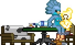 advertisement animated avian beak breasts crestfallen_warrior digital_media_(artwork) feathers female gambling low_res male novakid pixel_art poker sitting starbound video_games