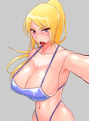 1girls angry armpits bikini blonde_hair blue_bikini blue_eyes blush breasts cleavage collarbone erect_nipples female female_only grey_background huge_breasts human large_breasts long_hair looking_at_viewer metroid navel nintendo open_mouth ponytail samus_aran self_shot simple_background skindentation solo standing sweat swimsuit teeth tied_hair wet wolffeld_price