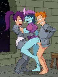 1boy 2025 2girls absurd_res alien armored_female armored_male big_breasts big_teeth blue_body breasts_squeezed_together cyclops digital_media_(artwork) futurama light-skinned_female light-skinned_male light_skin orange_hair philip_j_fry pressed_together purple_hair renaissance sfan the_page_girl threesome turanga_leela tusks vaginal_penetration