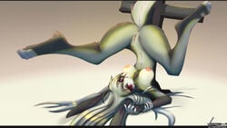 2016 anthro anus areola ass big_breasts black_nose breasts brown_background buckteeth cross english_text female fur green_fur grey_hair hair hi_res hybrid iontoon lagomorph long_hair looking_at_viewer mammal navel nipples nude pink_nipples pussy rabbit raised_tail red_eyes signature simple_background slit_pupils solo spots teeth text upside-down vampire wood