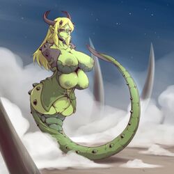 armless big_breasts black_sclera blonde_hair breasts detailed_background dragon female gammatelier garasharp green_skin hair horn huge_breasts legless long_hair multi_breast nipples nude pointy_ears pussy scalie smile solo wings yellow_eyes