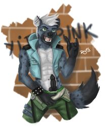 1boy abs anthro black_penis brick_wall clothed clothing dognextdoor erection fangs hyena knot looking_at_viewer male male_only mammal navel open_hacket open_mouth penis smile solo teeth underwear