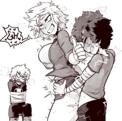 2boys age_difference angry arm_wraps ass blush bouncing_breasts breasts clenched_teeth closed_eyes cum cum_in_pussy cum_inside drooling english_text eyelashes female freckles from_behind gag gagged greyscale heart human izuku_midoriya katsuki_bakugou large_breasts larger_female male milf mitsuki_bakugou monochrome motion_lines multiple_boys my_hero_academia open_mouth pants_down rolling_eyes saliva sex short_hair size_difference skirt_lift smaller_male smile speech_bubble spiked_hair standing standing_sex straight straight_hair sweat text thetenk thumbs_up vaginal_penetration waist_grab