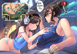 2girls bangs big_breasts blizzard_entertainment breast_fondling breast_grab breasts brown_eyes brown_hair brushing_teeth camisole clothed d.va dreaming english_text female female_only glasses hair_bun heart hmongt huge_breasts human large_breasts lesbian long_hair mei_(overwatch) multiple_females multiple_girls nipple_bulge nipple_tweak overwatch panties pokies puffy_nipples sidelocks skimpy sleepwalking small_breasts sound_effects starcraft text thought_bubble toothbrush tracer watching yuri