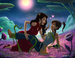 2girls asami_sato avatar_legends black_hair blue_eyes boots brown_hair canon_couple china_dress chocolate_and_vanilla clothing dark-skinned_female dark_skin dress eyeshadow female female_only fully_clothed green_eyes high_heels human interracial korra leg_grab light-skinned_female lipstick makeup medium_breasts multiple_girls ponytail romantic smooth_skin stickyscribbles tentacle the_avatar the_legend_of_korra tied_hair water_tribe yuri