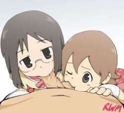 1boy 2girls aioi_yuuko ball_sucking collaborative_fellatio double_fellatio fellatio looking_at_viewer minakami_mai multiple_fellatio multiple_girls nichijou oral penis pov ruw_ruler teamwork testicles