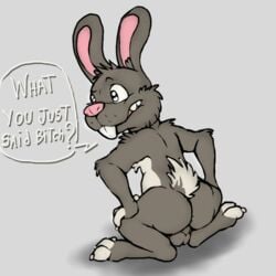 1boy anthro ass backsack balls buckteeth dialogue english_text guil guil_bunny hands_on_hips lagomorph looking_away male male_only mammal nude perineum rabbit rear_view solo speech_bubble spread_legs spreading teeth text