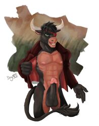 1boy abs anthro balls bovine cattle dognextdoor erection facial_piercing horn humanoid_penis looking_at_viewer male male_only mammal navel nipples nose_piercing open_jacket penis piercing simple_background smile solo teeth