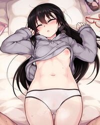 1boy ass_visible_through_thighs bed black_hair borrowed_character bra bra_lift cum cum_on_body cum_on_lower_body female glasses glasses_removed hood hoodie long_hair lying magazine minakami_mai navel nichijou nipples null_(nyanpyoun) on_back panties pillow pubic_hair red-framed_glasses see-through semi-rimless_glasses sleeping small_breasts solo_focus sweat underwear white_bra white_panties