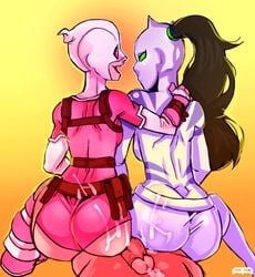 2girls andava ass ava_ayala big_ass bodysuit brown_hair buttjob clothed_sex collaborative_buttjob cum cum_on_ass cum_on_self double_buttjob ejaculation female gwen_poole gwenpool human human_only interracial male marvel mask partial_male penis shorts spider-man_(series) straight straight_hair white_tiger_(marvel)