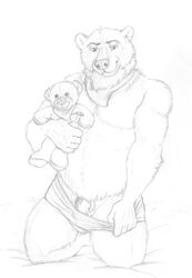 anthro balls bear briefs clothed clothing greyscale kneeling looking_at_viewer male_only mammal monochrome neverwolf pecs pencil_(artwork) penis penis_base pinup pose smile teddy_bear topless traditional_media_(artwork) underwear underwear_pull