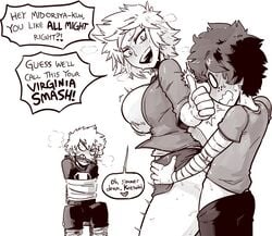 1girls 1milf 2boys age_difference angry angry_face arm_wraps ass blush blushing_profusely bouncing_breasts breasts defeated doggy_style english_text eyelashes female freckles from_behind gag gagged greyscale happy_female heart hero horny_female human izuku_midoriya katsuki_bakugou large_breasts larger_female looking_back male milf mitsuki_bakugou monochrome motherly_cuckold motion_lines multiple_boys my_hero_academia older_female_younger_male open_mouth pants_down pleased pleasure_face restrained sex shagging short_hair size_difference skirt_lift smaller_male smile speech_bubble spiked_hair standing standing_doggy_style standing_sex straight straight_hair sweat text thetenk thumbs_up vaginal_penetration waist_grab young_man_and_milf younger_penetrating_older