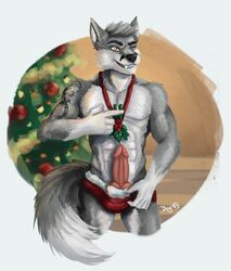 1boy anthro bulge canine christmas christmas_tree clothing dognextdoor erection fangs holidays inside jewelry knot looking_at_viewer male male_only mammal mostly_nude muscular necklace one_eye_closed penis smile solo standing teeth tree underwear wolf