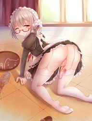 :3 all_fours ass blush broken_glass covering covering_crotch fallen_down female frills garter_straps glass glasses grey_hair hibiki_(zhan_jian_shao_nyu) highres looking_at_viewer looking_back maid maid_headdress no_panties on_floor one_eye_closed orange_eyes pussy_juice red-framed_glasses scrunchie semi-rimless_glasses shoes_removed short_hair short_twintails solo sweatdrop tears thighhighs tied_hair tray twintails under-rim_glasses verniy_(zhan_jian_shao_nyu) vibrator vibrator_in_thighhighs wavy_mouth white_legwear wince yuemanhuaikong zhan_jian_shao_nyu