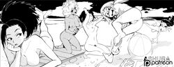 5girls armpits ashura_(artist) ball barefoot beach black_and_white breasts feet female_only kyoka_jiro mina_ashido momo_yaoyorozu monochrome multiple_girls my_hero_academia navel nipples nude ochako_uraraka pubic_hair straight_hair tsuyu_asui