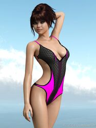 1girls 3d absurdres armpits ass back_cutout bangs bikini breasts brown_hair cleavage clothes curvy eyelashes eyeliner female grey_eyes hair_bun highres human large_breasts latina lip_gloss looking_at_viewer meena meena_stride metalhed13 one-piece_swimsuit pose short_hair solo standing swimsuit