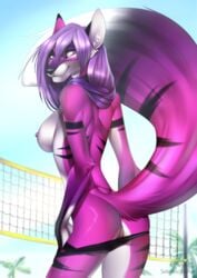 anthro ass beach breasts canine clothing female female_only fox fur hair hi_res long_hair looking_at_viewer mammal neylatl nipples outside panties pink_fur purple_eyes purple_hair pussy selene_leni smile solo stripes underwear