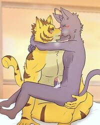 anal anthro bed bedroom blush closed_eyes color cum duo edit embrace feline french_kiss hand_on_ass heart inside kissing love male mammal morenatsu nude panting penis shin_(morenatsu) simple_background sweat tiger torahiko_(morenatsu) yaoi