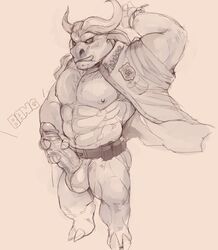 1boy anthro balls black_and_white bovine buffalo cape_buffalo chief_bogo clothing disney erection iceman1984 male male_only mammal muscular nipples penis sketch solo zootopia