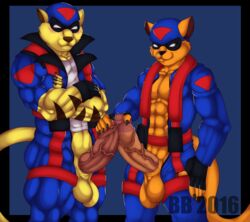 2016 anthro balls biceps big_bulge big_muscles blackbear brown_fur chance_furlong claws clothed clothing duo erection feline flight_suit fully_clothed fur hangar jake_clawson looking_at_viewer male male_only mammal muscular muscular_male nipples pants paws penis precum razor_(character) stripes swat_kats t-bone uncut