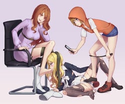 3girls age_difference barefoot belt black_legwear blonde_hair blue_eyes blush boot_removed bow brown_eyes brown_hair bullying cellphone chair chin_rest crossed_legs dress female_footjob female_only femdom filming foot_fetish foot_lick footjob frenda_seivelun highres hood hoodie kinuhata_saiai licking long_hair looking_at_another looking_down mool_yuegang mool_yueguang mugino_shizuri multiple_girls older_female pantyhose phone purple_dress pussy_juice shoes_removed short_shorts shorts single_thighhigh smartphone spread_legs stepped_on sweatdrop teenage_girl teenage_girl_and_younger_girl teenager thighhighs to_aru_kagaku_no_railgun to_aru_majutsu_no_index toes torn_clothes torn_pantyhose whip whip_marks young younger_female yuri