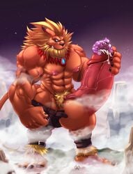 abs animal_genitalia anthro balls beard belly belt biceps big_balls big_biceps big_penis blonde_hair blue_eyes bondage bottomless clenched_teeth clothed clothing cum cum_on_penis cursedmarked detailed_background digimon duo erection eyewear facial_hair feline fog glasses grin hair hand_on_penis hi_res huge_cock humanoid_penis hyper jewelry leg_hair leomon lion male male_only mammal manly markings mature_male metaletemon monkey muscular muscular_male necklace nipples nude pants partially_retracted_foreskin pecs penis pose precum primate pubes rock side_view standing symbol teeth thick_penis topless uncut vein veiny_penis yaoi