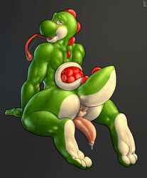 1boy anthro anthrofied anus bedroom_eyes dripping erection feet half-closed_eyes hi_res kneeling long_tongue looking_at_viewer looking_back male male_only mario_(series) mot nintendo nude penis penis_backwards precum puffy_anus raised_tail rear_view saliva saliva_string scalie seductive shiny signature simple_background solo tapering_penis tongue video_games yoshi