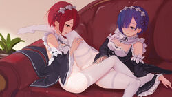 2girls arm_support bangs black_dress blue_eyes blue_hair blunt_bangs blush breasts cleavage clothed clothing couch detached_sleeves dress dress_lift female female_only frilled_sleeves frills hair_ornament hair_over_one_eye hair_ribbon hairband hairclip headdress highres incest indoors long_sleeves magic_xiang maid maid_headdress maid_uniform multiple_girls nopan on_couch oni pantyhose purple_ribbon ram_(re:zero) re:zero_kara_hajimeru_isekai_seikatsu red_eyes red_hair rem_(re:zero) ribbon short_hair siblings sisters sitting spread_legs thighband_pantyhose tribadism tribadism_through_clothing twincest twins white_legwear wide_sleeves x_hair_ornament yuri