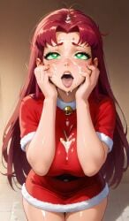 ahe_gao ai_generated christmas_outfit cum_on_face female female_only green_eyes hands_on_face heart-shaped_pupils legitimate messy_hair red_hair santa_costume solo solo_female starfire teen_titans tongue_out