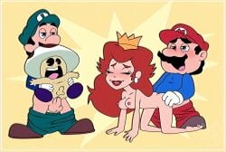 1girls 2d 2d_artwork 3boys all_fours anal anal_sex balls big_dom_small_sub black_hair blue_shirt carrying_person closed_eyes clothed_male_nude_female clothed_male_nude_male clothing crown dic_entertainment doggy_style ear_piercing erection facial_hair female gay_sex genitals green_hat green_pants hands_on_ass hat human human_female human_male human_on_human humanoid humanoid_male humanoid_on_humanoid light-skinned_female light-skinned_male light_skin lipstick luigi male male/female male/male mammal mammal_humanoid mario mario_(series) mature mature_female mature_male moustache mushroom_humanoid nintendo nipples nude nude_female nude_male open_mouth penis penis_in_anus penis_in_pussy princess princess_peach princess_toadstool red_hair red_hat red_lipstick red_pants sex shirt shorter_male straight straight_sex the_super_mario_bros._super_show! toad_(mario) toongrowner white_gloves