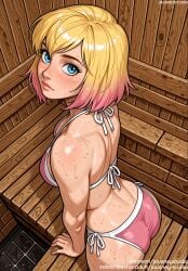 ai_generated ass back bangs bare_shoulders bikini bikini_bottom blonde_hair blue_eyes blush breasts clothing english_text female female female_only from_above from_behind gradient_hair gwen_poole gwenpool halterneck jousneystudio large_breasts lips looking_at_viewer looking_back marvel marvel_comics medium_breasts medium_hair multicolored_hair pink_bikini pink_hair pink_nails short_hair side-tie_bikini_bottom solo sweat swimsuit thighs two-tone_hair wet