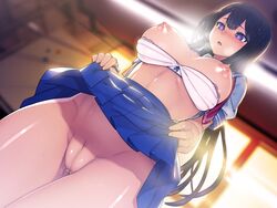 black_hair cameltoe female female_only human innie_pussy large_breasts long_hair munashi_mujou puffy_nipples purple_eyes pussy pussy_juice saimin_netori_himitsu_shidou school_uniform shiny_skin skirt skirt_lift solo tagme