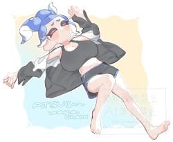 big_breasts clothed clothed_female digital_media_(artwork) doro_mizu_831 laying_down laying_on_back octoling octoling_girl splatoon splatoon_3 twitter_link waka-chan_(doro_mizu_831)