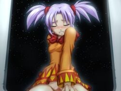 blush bow closed_eyes female night night_sky purple_hair school_uniform shooting_star skirt sky solo space star_(sky) starry_sky teeth twintails