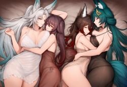 4girls ai_generated big_ass big_breasts close-up crossover face_against_breast feixiao_(honkai:_star_rail) female_only fox_ears genshin_impact honkai:_star_rail hu_tao_(genshin_impact) hucow86 hugging_another looking_at_viewer lying lying_on_back lying_on_bed nightgown romantic tingyun_(honkai:_star_rail) wholesome yukong_(honkai:_star_rail)