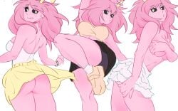 arm_over_breasts ass ass_focus black_sclera blush blush blushing_at_viewer boku_no_hero_academia breast_squeeze breasts breasts_out covered_nipples covering covering_breasts embarrassed fit fit_female half_naked half_nude holic_fz mina_ashido my_hero_academia no_bra no_panties posing post-timeskip shirtless squished_breasts thick_thighs toned_female upskirt wind_lift yellow_eyes yellow_horns