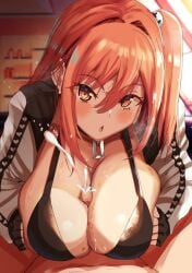 araimooah bikini black_bikini blush breasts cum dead_or_alive dead_or_alive_5 erection fingerless_gloves gloves hair_between_eyes hair_ornament heart heart_print honoka_(doa) huge_breasts jacket looking_at_viewer official_alternate_costume open_clothes open_jacket open_mouth paizuri paizuri_under_clothes penis pink_hair pov red_eyes side_ponytail straight swimsuit