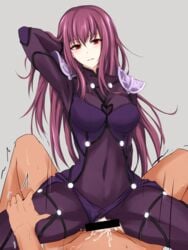 1girls assertive bar_censor bodysuit breasts burgundy_hair censored covered_navel cowgirl_position cum cum_in_pussy cum_inside fate/grand_order fate_(series) female fringe highres long_hair looking_at_viewer male pauldrons piro_(iiiiiiiiii) pov purple_hair pussy red_eyes scathach_(fate) sex slim smile solo_focus straddling straight vaginal_penetration