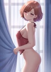 ass bare_arms bare_legs bare_shoulders bare_thighs blush bottomless breasts brown_hair camisole cleavage closed_mouth hairclip higuchi_madoka idolmaster idolmaster_shiny_colors indoors medium_breasts mole mole_under_eye no_panties purple_eyes red_camisole satomi_(745684552) short_hair sideboob standing thighs