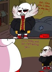 1boy 1girls back_view bowl chubby chubby_female clothing comic comic_page curvy doggy_style female goat hips male mature_female milf oral red_eyes sans size_difference skeleton smaller_male thighs toriel underfell