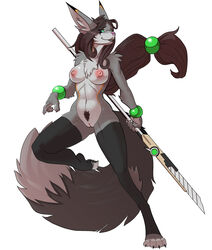 2016 4_toes anthro anthro_only big_breasts breasts brown_hair canine chest_tuft claws female female_only front_view fur furry furry_breasts furry_ears furry_only furry_tail grey_fur hair humanoid_pussy legwear lunate mammal mostly_nude naked nude on_one_foot pointy_ears pussy simple_background smile solo standing tail toeless_legwear very_long_hair white_background wolf