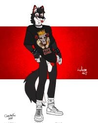 anthro balls bartek22 black_body black_fur boots canid canine canis chain_necklace chains clothing ear_piercing ear_ring ears_up facial_piercing footwear fur furry genitals hand_on_hip hi_res jewelry looking_at_viewer male mammal necklace nose_piercing nose_ring penis penis_poking_out piercing red_eyes ring ring_piercing shoes socks solo spikes tail text text_on_clothing tongue tongue_out wayne_(bartek22) white_body white_fur wolf