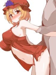 1boy aki_minoriko arm_held_back babydoll blonde_hair blush breasts clothed_female_nude_male clothed_sex grape_hat_ornament hat highres kamukamu_(ars) large_breasts looking_at_viewer mob_cap navel nude panties red_babydoll red_eyes red_panties sex sex_from_behind shiny_skin short_hair simple_background solo_focus standing standing_sex straight touhou underwear white_background